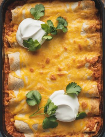 Baking dish of layered chicken enchilada casserole with melted bubbly cheese, no rolling required