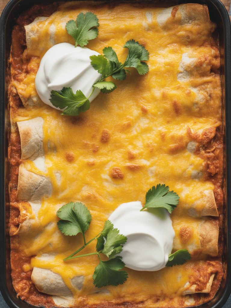 Baking dish of layered chicken enchilada casserole with melted bubbly cheese, no rolling required