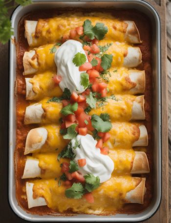 Baking dish of golden-brown chicken enchiladas with melted cheese, red sauce, garnished with cilantro and sour cream