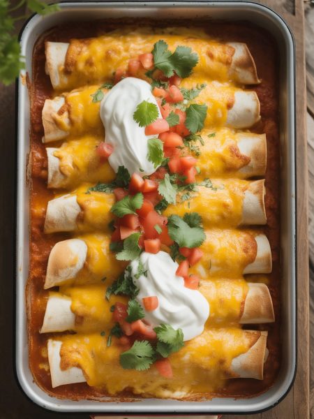 Baking dish of golden-brown chicken enchiladas with melted cheese, red sauce, garnished with cilantro and sour cream