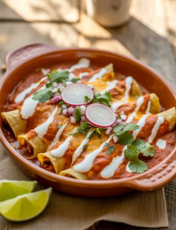 Authentic chicken enchiladas made with corn tortillas topped with red sauce, melted cheese, cilantro, and sliced radishes
