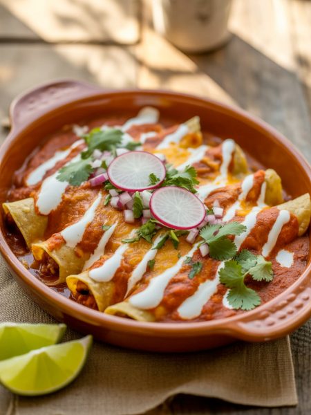 Authentic chicken enchiladas made with corn tortillas topped with red sauce, melted cheese, cilantro, and sliced radishes
