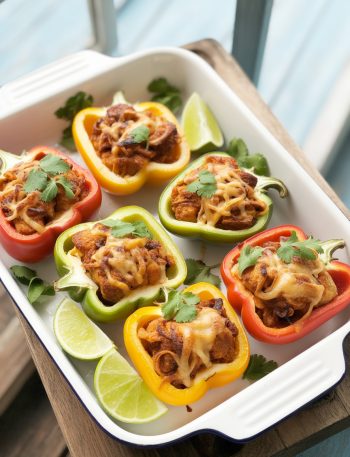 Colorful bell pepper halves stuffed with seasoned chicken fajita filling and melted cheese, garnished with cilantro and lime