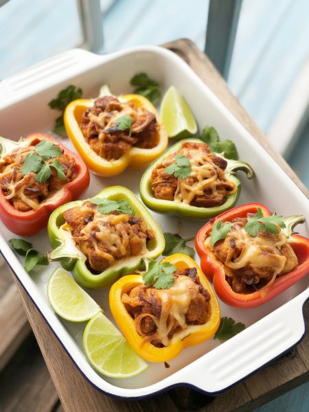 Colorful bell pepper halves stuffed with seasoned chicken fajita filling and melted cheese, garnished with cilantro and lime
