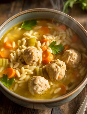 Steaming bowl of chicken meatball and orzo soup with visible meatballs, pasta, and vegetables in golden broth