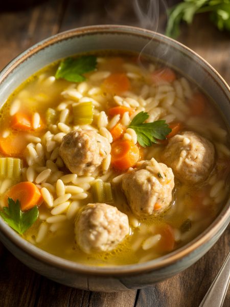 Steaming bowl of chicken meatball and orzo soup with visible meatballs, pasta, and vegetables in golden broth