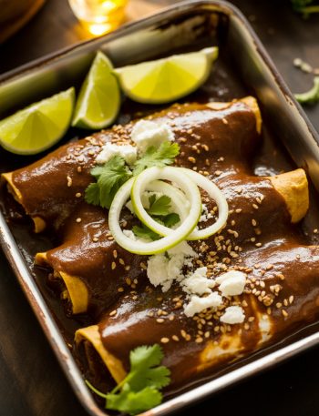 Authentic chicken mole enchiladas covered in rich dark brown mole sauce, topped with sesame seeds, queso fresco, and sliced onions