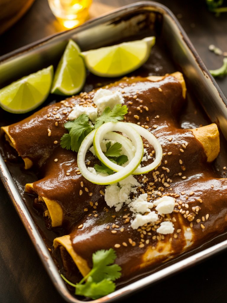 Authentic chicken mole enchiladas covered in rich dark brown mole sauce, topped with sesame seeds, queso fresco, and sliced onions