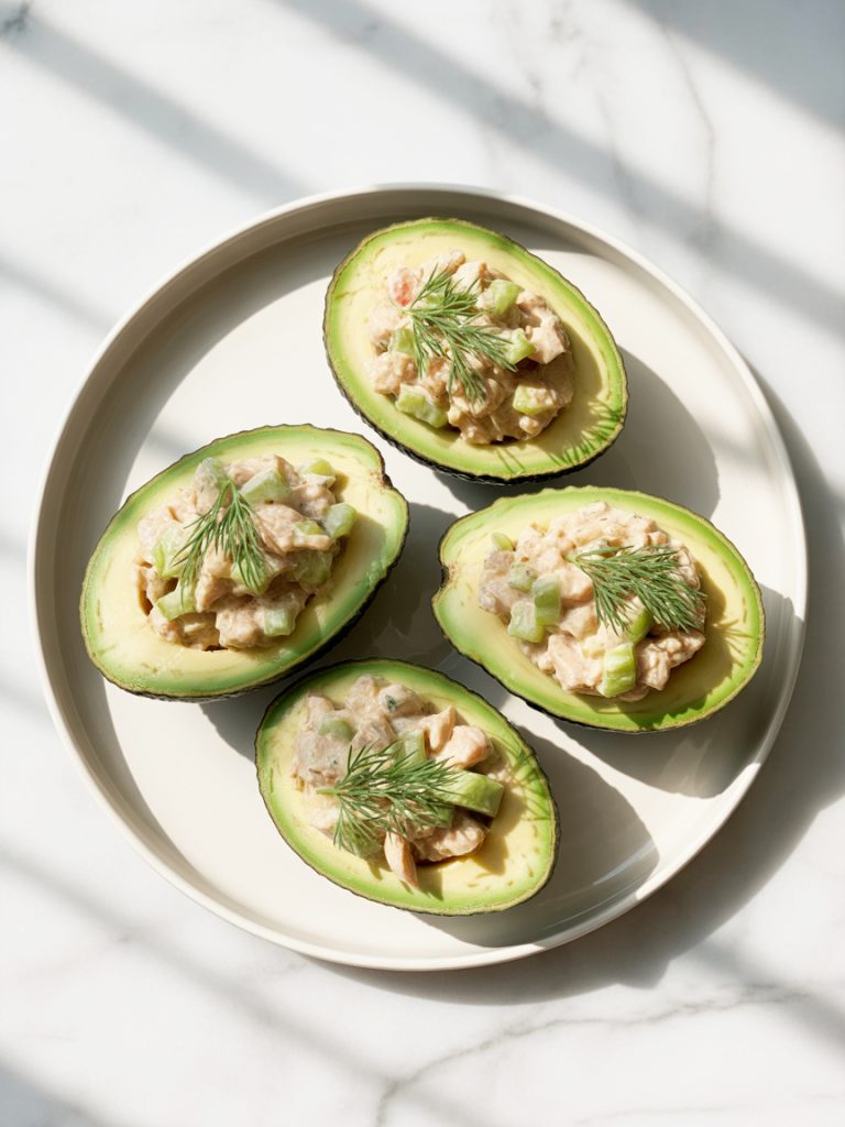 Four avocado halves stuffed with creamy chicken salad garnished with fresh dill on a white plate