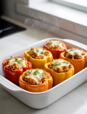 Healthy chicken stuffed bell peppers with melted cheese in baking dish fresh from oven for high protein dinner