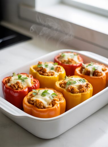 Healthy chicken stuffed bell peppers with melted cheese in baking dish fresh from oven for high protein dinner