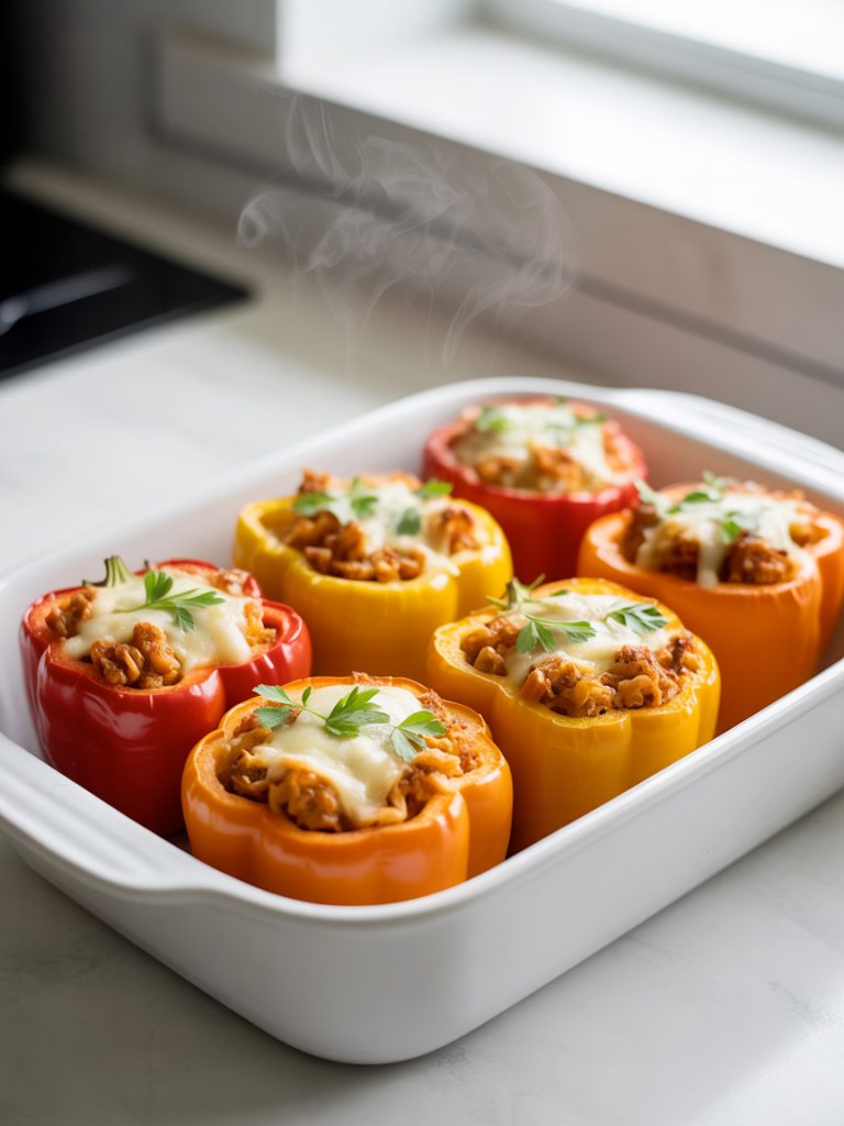 Healthy chicken stuffed bell peppers with melted cheese in baking dish fresh from oven for high protein dinner