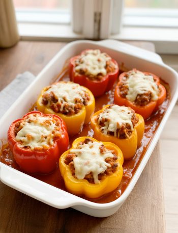 Six stuffed bell peppers with melted cheese in a baking dish with tomato sauce