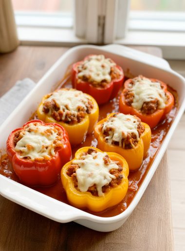 Six stuffed bell peppers with melted cheese in a baking dish with tomato sauce