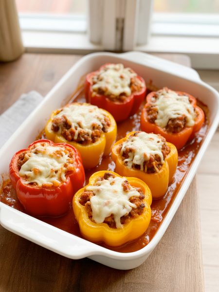 Six stuffed bell peppers with melted cheese in a baking dish with tomato sauce
