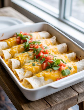 Creamy chicken enchiladas with cream cheese filling in baking dish covered with bubbling melted cheese and white sauce