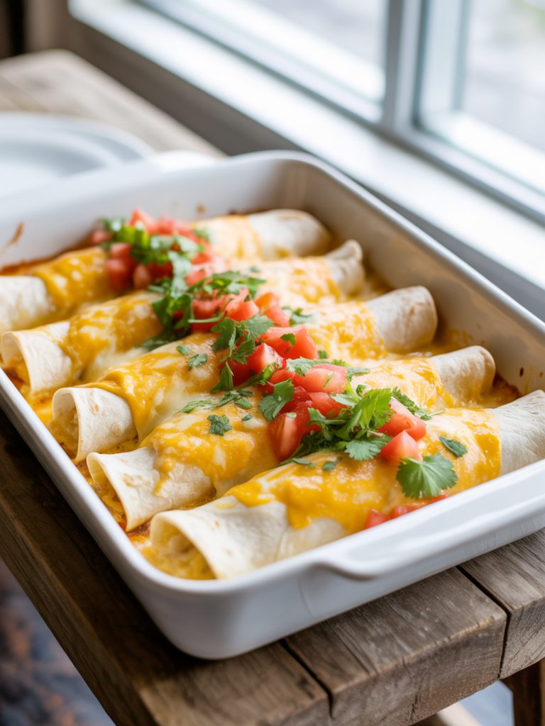 Creamy chicken enchiladas with cream cheese filling in baking dish covered with bubbling melted cheese and white sauce