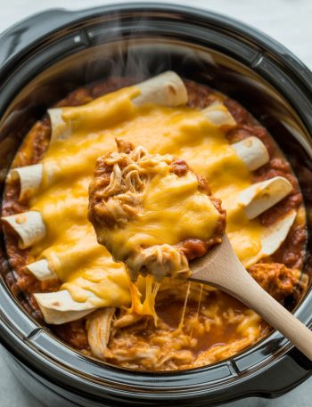 Slow cooker filled with chicken enchilada casserole showing melted cheese and layers, wooden spoon scooping portion