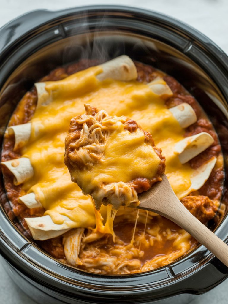 Slow cooker filled with chicken enchilada casserole showing melted cheese and layers, wooden spoon scooping portion