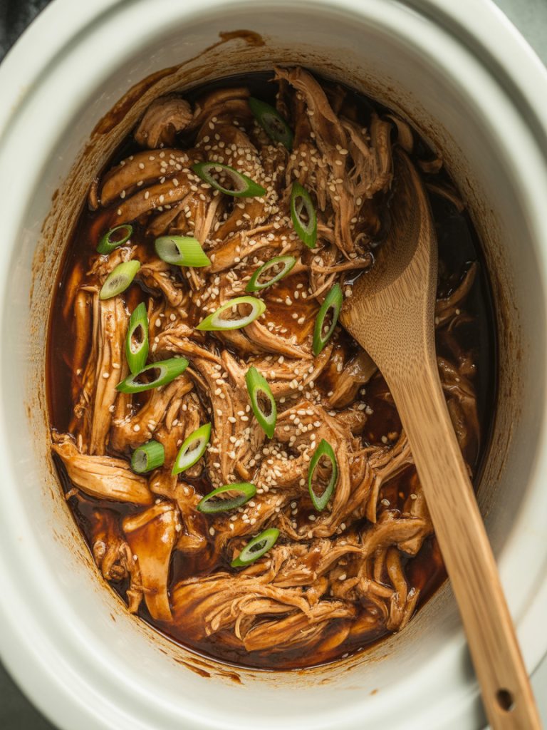 Overhead view of tender shredded teriyaki chicken in slow cooker with glossy sauce and garnish