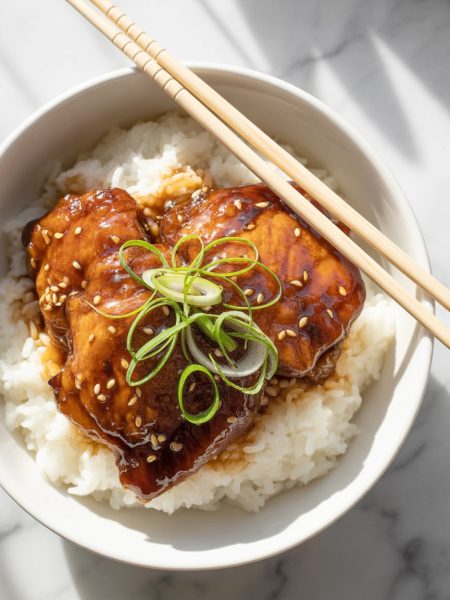 Glazed teriyaki chicken thighs served over white rice in a bowl, garnished with sesame seeds and green onions