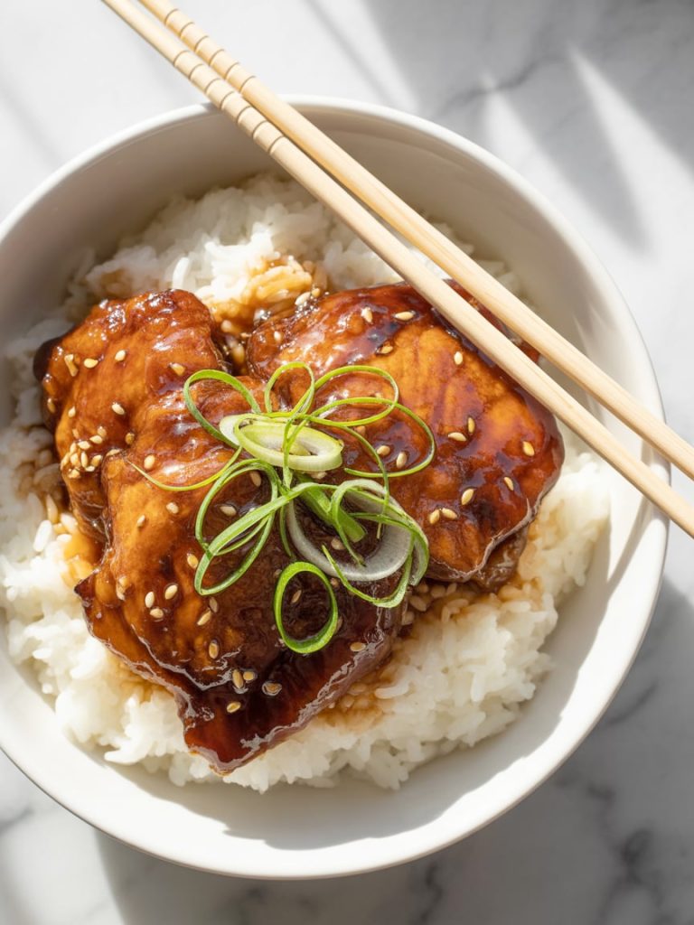 Glazed teriyaki chicken thighs served over white rice in a bowl, garnished with sesame seeds and green onions