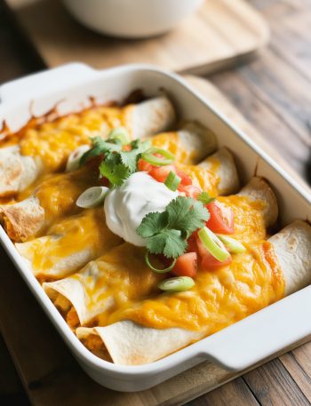 Baked canned chicken enchiladas topped with melted cheese, cilantro, and sour cream in a white baking dish