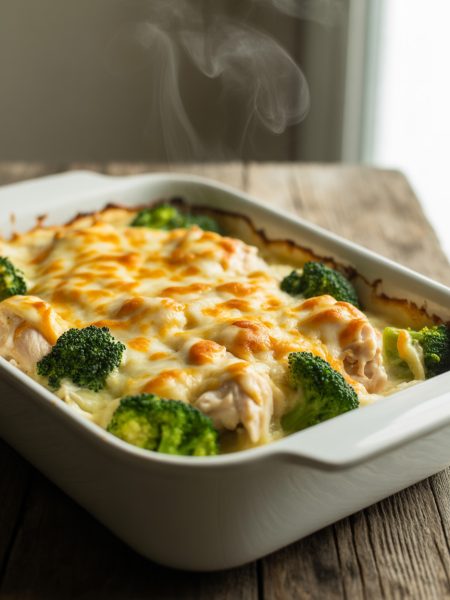 Creamy low carb chicken casserole with melted cheese and broccoli in white baking dish fresh from the oven