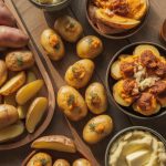 Variety of delicious potato dinner recipes including baked potatoes, roasted sweet potatoes, and crispy potato wedges arranged on rustic wooden table