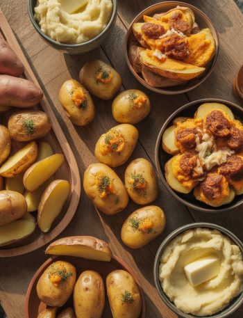 Variety of delicious potato dinner recipes including baked potatoes, roasted sweet potatoes, and crispy potato wedges arranged on rustic wooden table