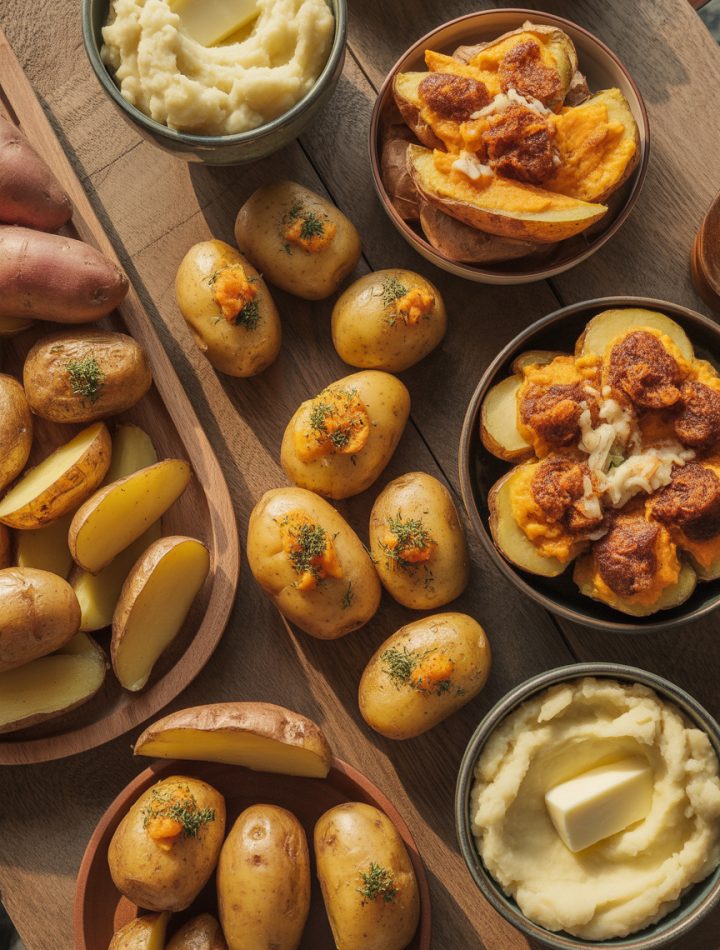 Variety of delicious potato dinner recipes including baked potatoes, roasted sweet potatoes, and crispy potato wedges arranged on rustic wooden table