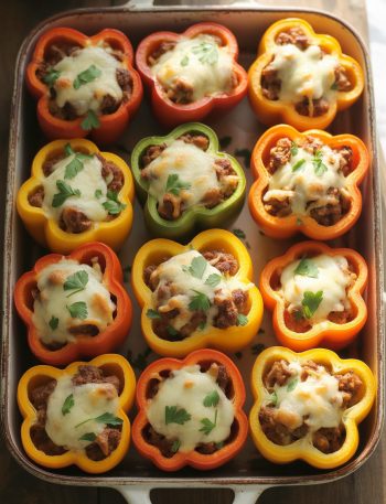Overhead view of colorful stuffed bell peppers with melted cheese in baking dish