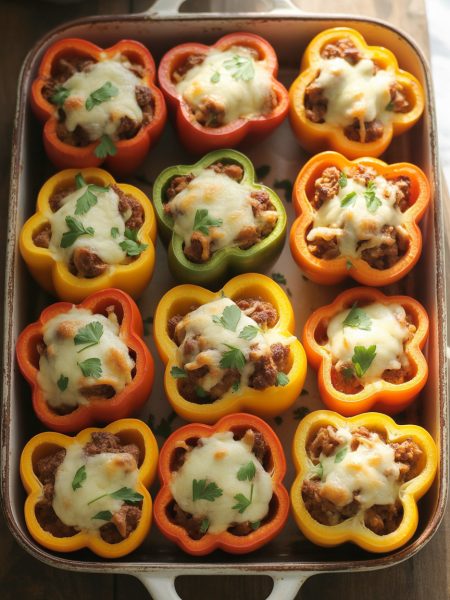 Overhead view of colorful stuffed bell peppers with melted cheese in baking dish