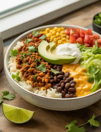 Colorful taco rice bowl loaded with seasoned ground beef rice black beans corn lettuce tomatoes cheese sour cream and avocado