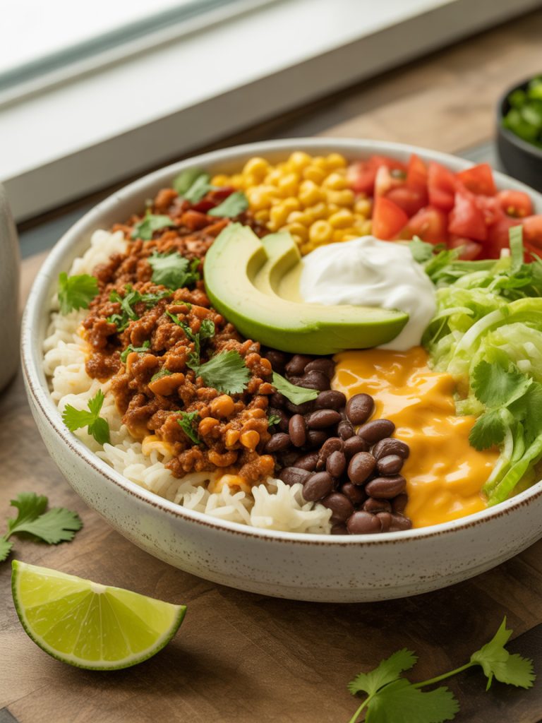 Colorful taco rice bowl loaded with seasoned ground beef rice black beans corn lettuce tomatoes cheese sour cream and avocado