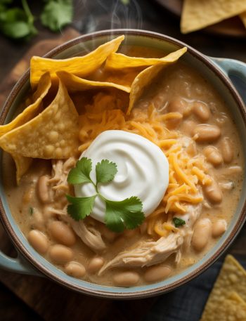 Overhead view of creamy white chicken chili in bowl topped with cheese, sour cream, and cilantro