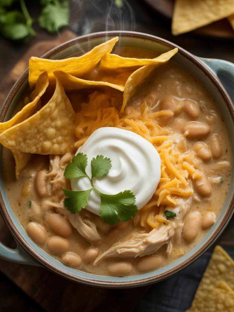 Overhead view of creamy white chicken chili in bowl topped with cheese, sour cream, and cilantro