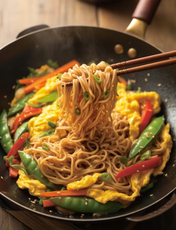Overhead view of egg fried rice noodles in wok with scrambled eggs, colorful vegetables, and chopsticks