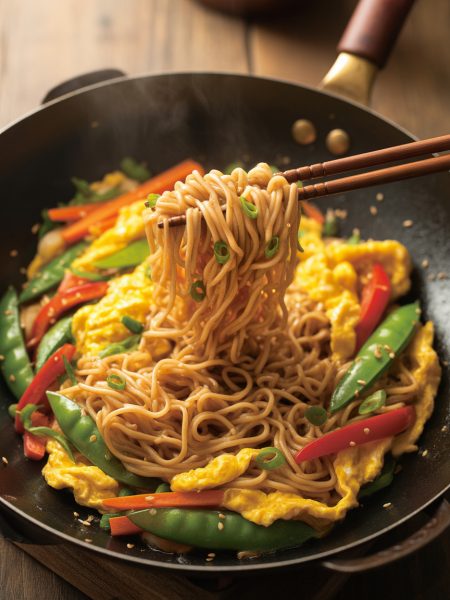 Overhead view of egg fried rice noodles in wok with scrambled eggs, colorful vegetables, and chopsticks
