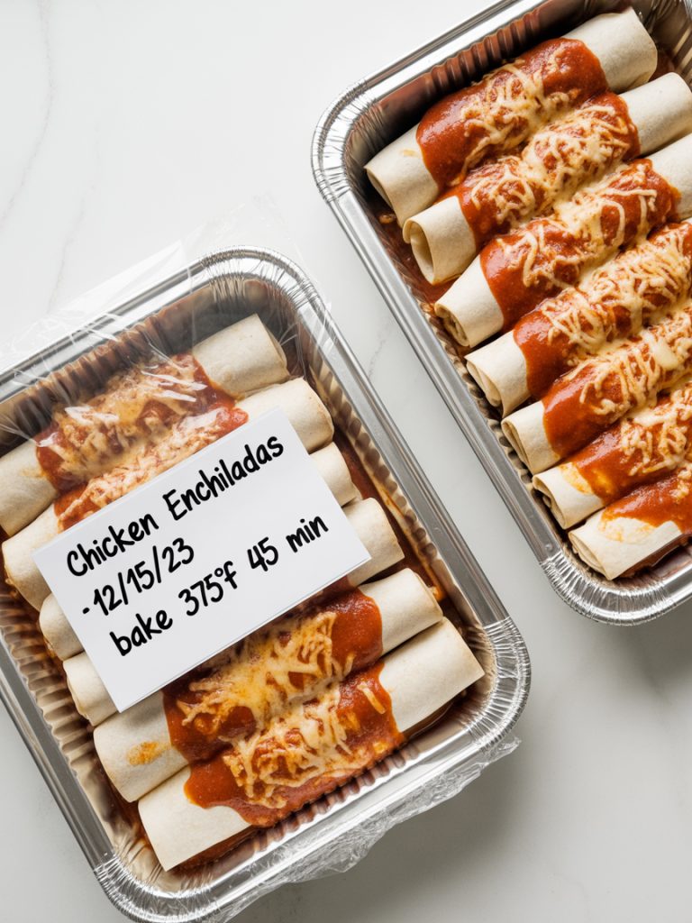 Two aluminum foil pans of assembled chicken enchiladas wrapped and labeled ready for freezer storage
