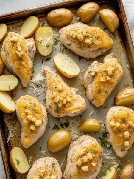 Sheet pan of golden roasted chicken and crispy potatoes coated in garlic parmesan butter, garnished with parsley