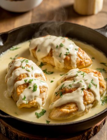 Garlic parm chicken in creamy garlic parmesan sauce in cast iron skillet garnished with parsley