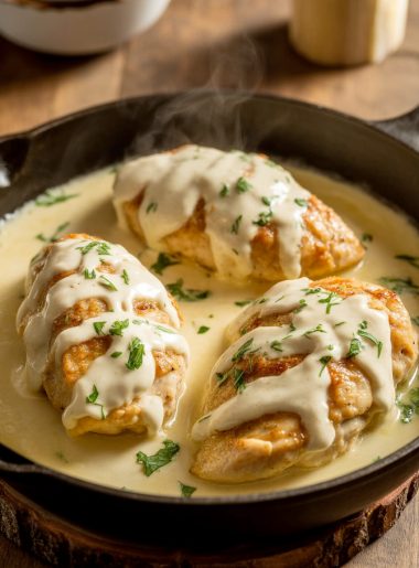 Garlic parm chicken in creamy garlic parmesan sauce in cast iron skillet garnished with parsley