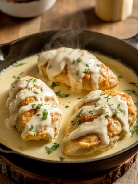 Garlic parm chicken in creamy garlic parmesan sauce in cast iron skillet garnished with parsley