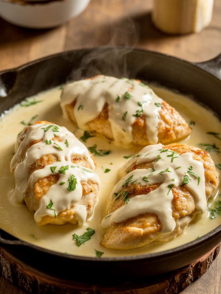 Garlic parm chicken in creamy garlic parmesan sauce in cast iron skillet garnished with parsley