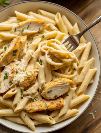 Creamy garlic parm chicken pasta in bowl with chicken pieces and parmesan sauce coating pasta