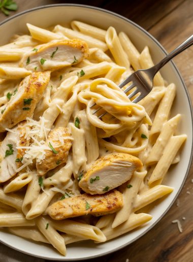 Creamy garlic parm chicken pasta in bowl with chicken pieces and parmesan sauce coating pasta