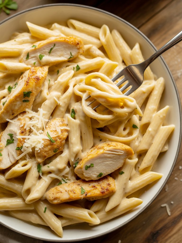 Creamy garlic parm chicken pasta in bowl with chicken pieces and parmesan sauce coating pasta