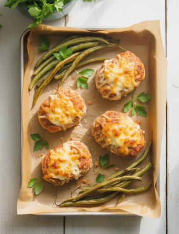 Four golden-brown mini chicken meatloaves topped with melted Parmesan cheese and fresh parsley on a baking sheet