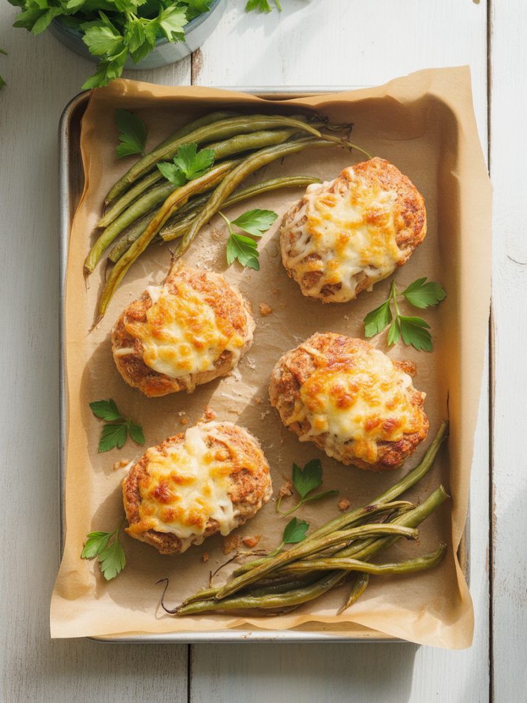 Four golden-brown mini chicken meatloaves topped with melted Parmesan cheese and fresh parsley on a baking sheet